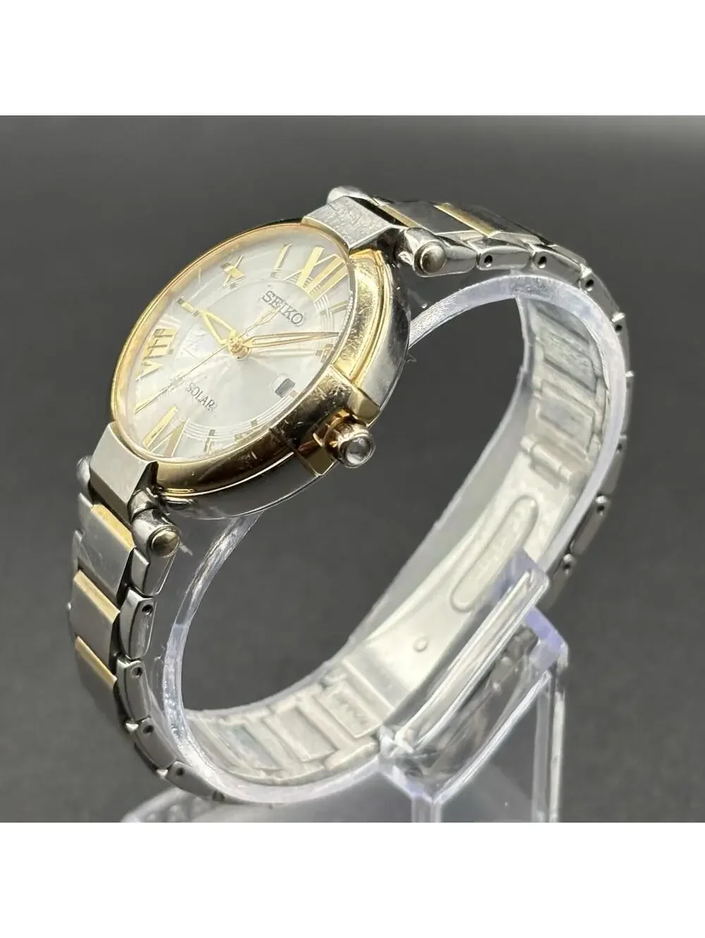 Seiko Solar Two-Tone Silver Dial Roman Numeral Ladies 32mm Watch SUT154P1